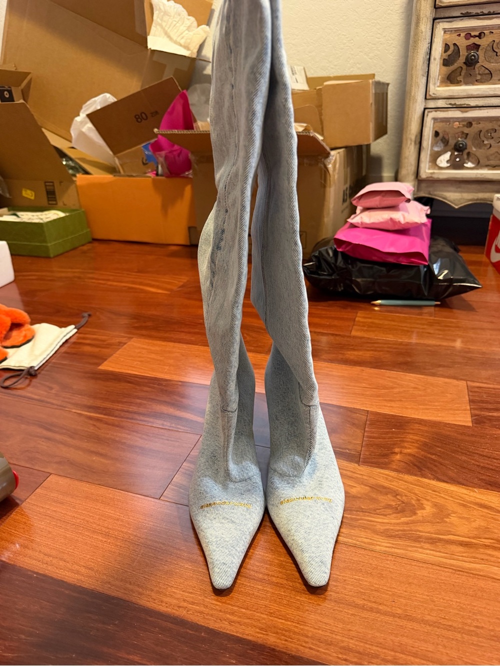 Alexander Wang Light Gray Stretch Over-the-Knee Pointed-Toe Boots